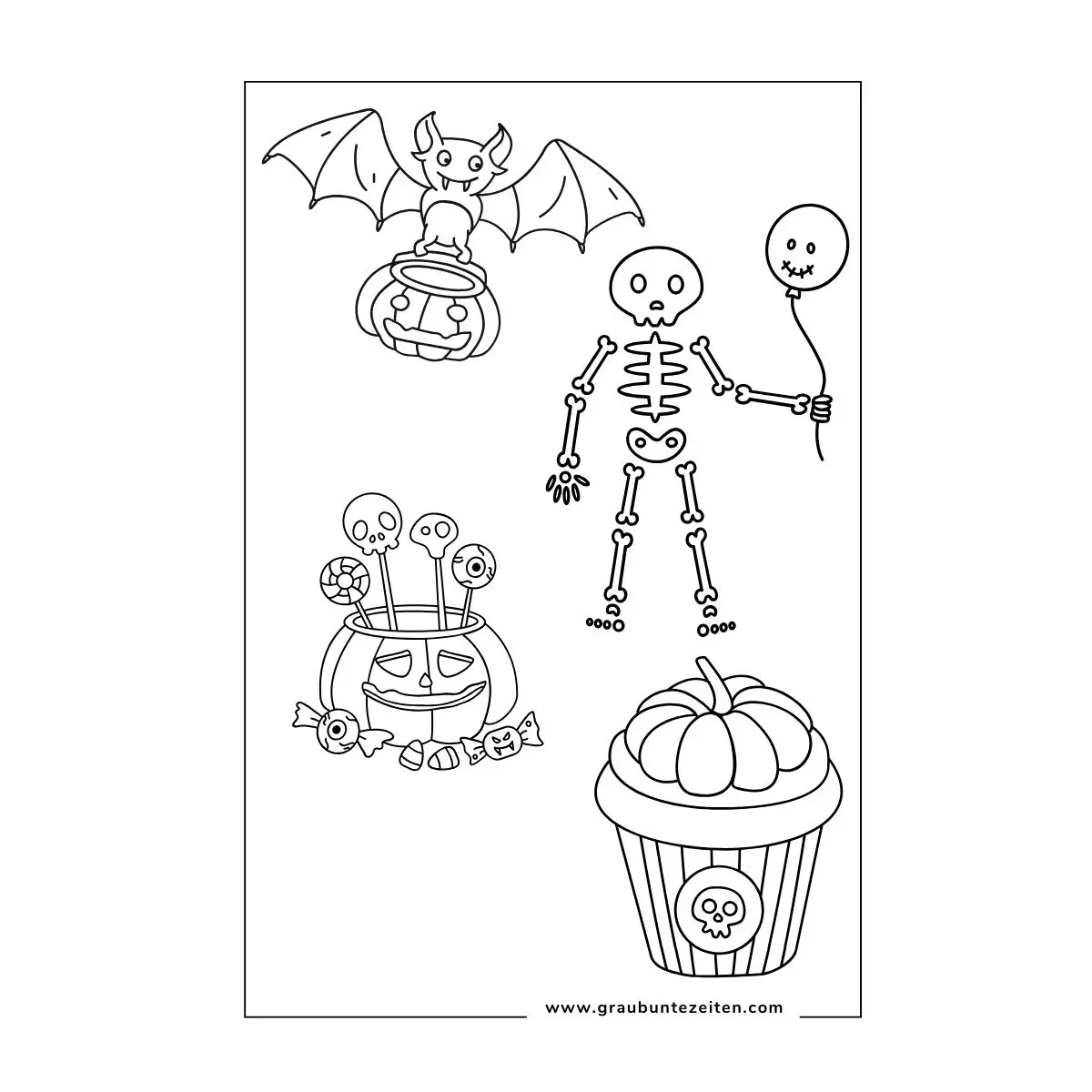 Ausmalbild Halloween Skelett, Fledermaus und Kürbisse.