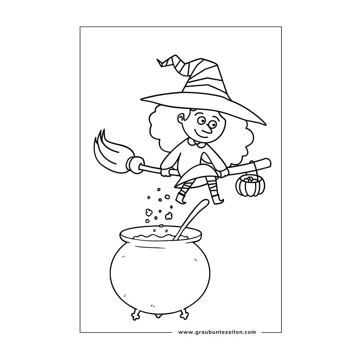 Halloween Ausmalbilder Hexe. Eine kleine Hexe schwebt auf ihrem Besen über den Zauberkessel.
